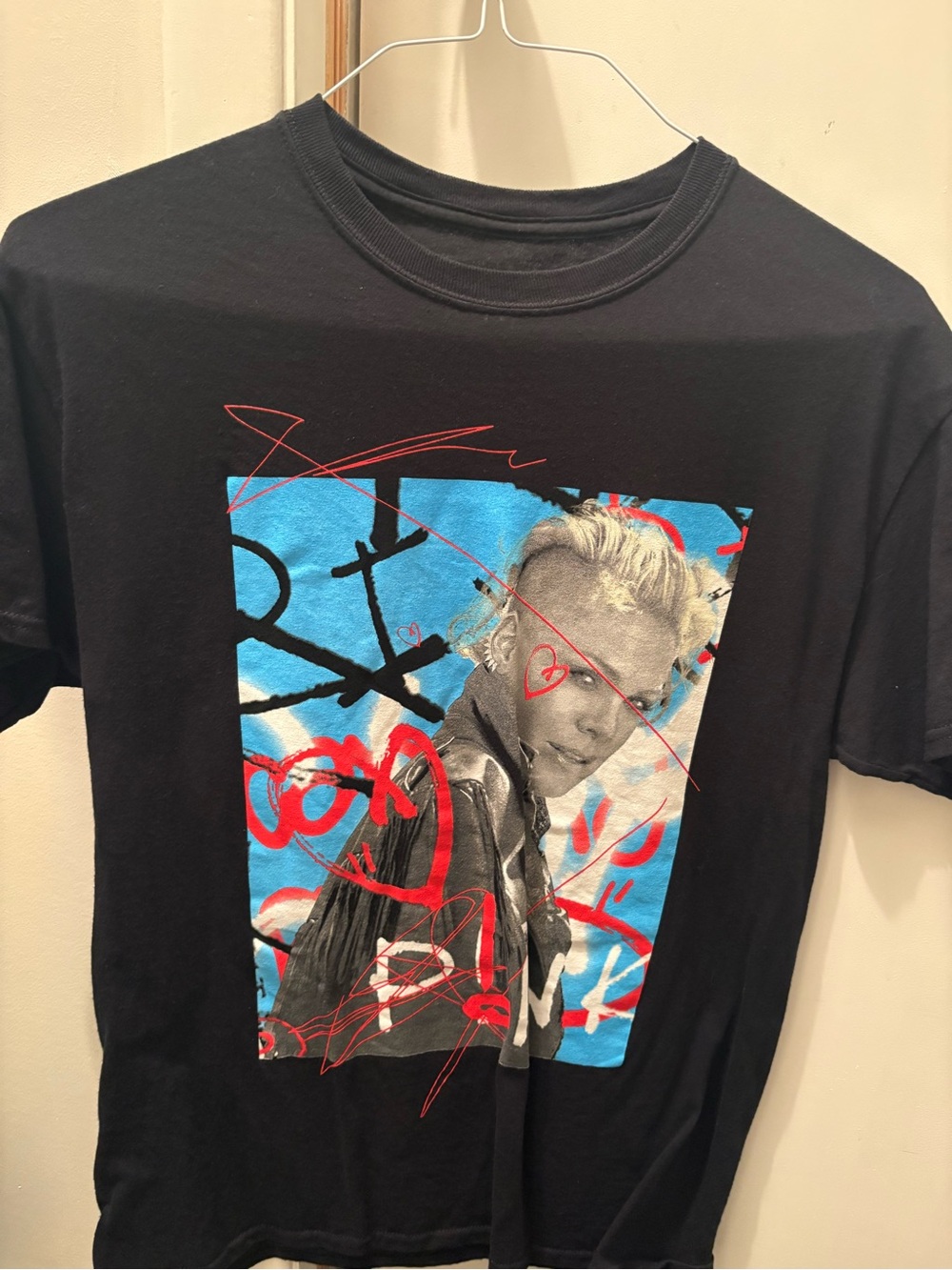 P!NK Black Short-Sleeve Graphic Tee with Blue & Red Artwork